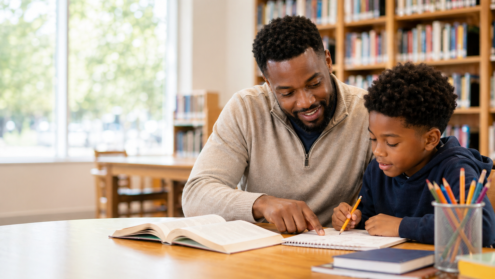 Tutor helping a student at a library table